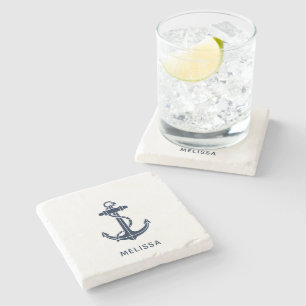 Personalised Nautical Anchor Navy Blue Boat Name Stone Coaster