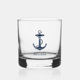 Personalised Nautical Anchor Navy Blue Whiskey Glass