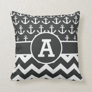 Personalised Nautical Black White Chevron Anchors Cushion