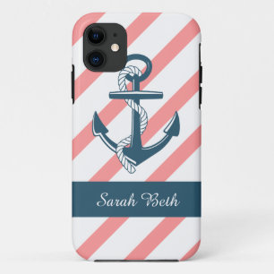 Personalised Nautical, Blue Anchor & Rose Stripes iPhone 11 Case
