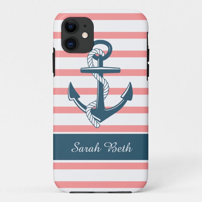 Personalised Nautical, Blue Anchor & Rose Stripes Case-Mate iPhone Case (Back)
