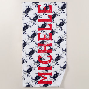 Personalised Nautical Blue Crab Beach Towel