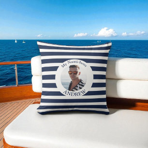 Personalised Nautical Blue Stripe Photo Pillow