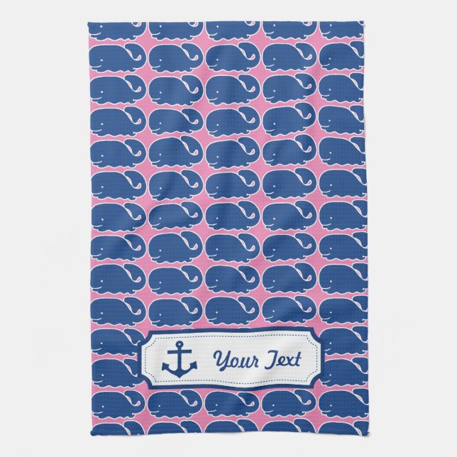 Personalised Nautical Blue Whale Anchor pattern Tea Towel (Vertical)