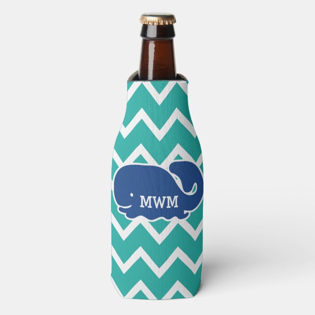 Personalised Nautical Blue Whale Chevron pattern Bottle Cooler (Bottle Front)