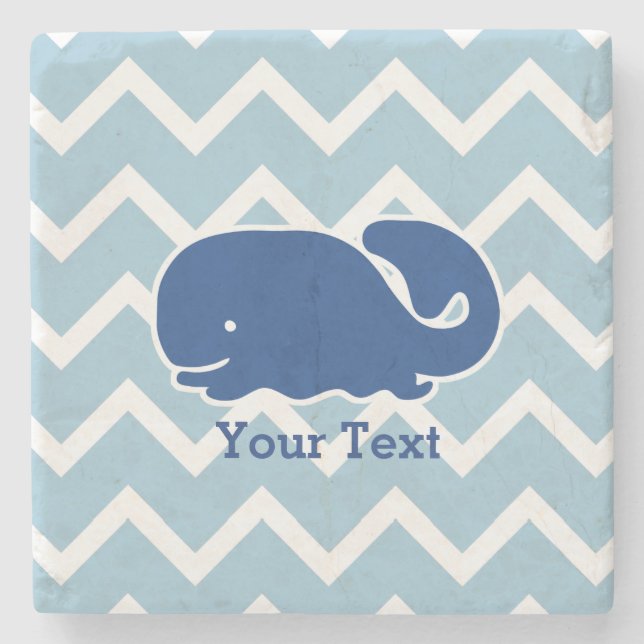 Personalised Nautical Blue Whale Chevron pattern Stone Coaster (Front)