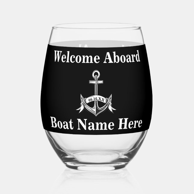 Personalised Nautical Boat Name Anchor Black White Stemless Wine Glass (Front)