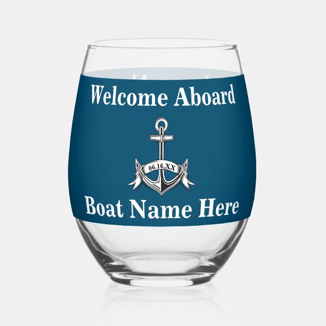 Personalised Nautical Boat Name Anchor Blue White Stemless Wine Glass (Front)