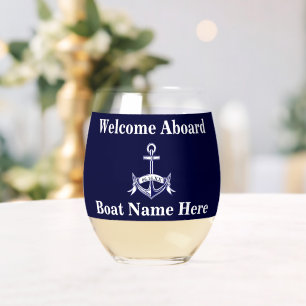 Personalised Nautical Boat Name Anchor  Navy Blue  Stemless Wine Glass