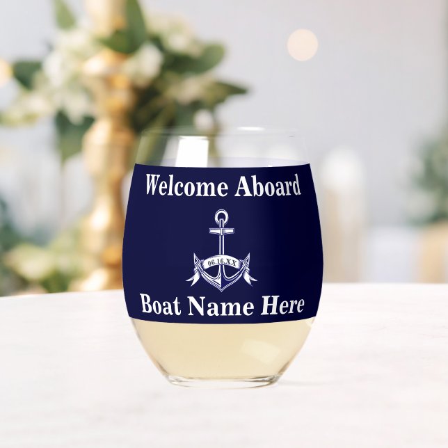 Personalised Nautical Boat Name Anchor  Navy Blue  Stemless Wine Glass (Insitu (Wedding))