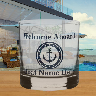Personalised Nautical Boat Name Anchor Navy Blue Whiskey Glass