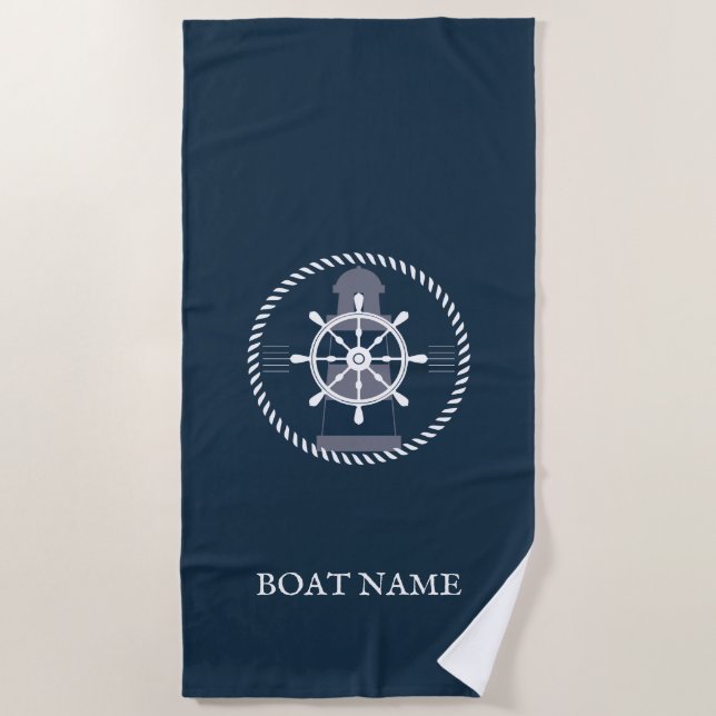 Personalised Nautical Boat Name Navy Blue Beach Towel (Front)
