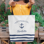 Personalised Nautical "Bridesmate" Bridesmaid Tote Bag<br><div class="desc">Cute nautical themed tote for your bridesmaids in classic navy blue and white features a ship's anchor illustration with "bridesmate" curved over the top. Personalise with each bridesmaid's name in navy brush script lettering. A trio of navy blue stripes along the bottom completes the look. Gift one to each member...</div>