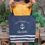 Personalised Nautical "Bridesmate" Bridesmaid Tote Bag<br><div class="desc">Cute nautical themed tote for your bridesmaids in classic navy blue features a white ship's anchor illustration with "bridesmate" curved over the top. Personalise with each bridesmaid's name in white brush script lettering. A trio of white stripes along the bottom completes the look. Gift one to each member of your...</div>