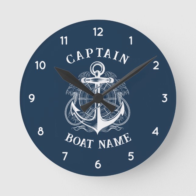 Personalised Nautical Captain Boat Name Anchor Round Clock (Front)