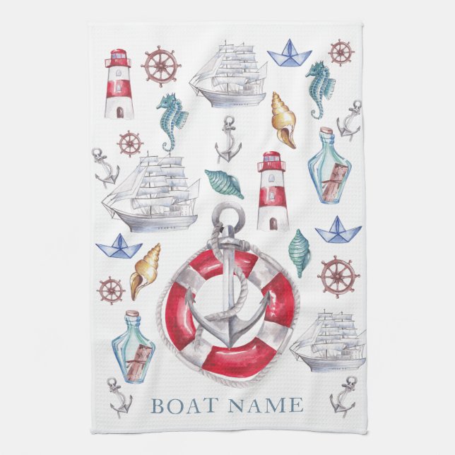 Personalised Nautical elements watercolor Tea Towel (Vertical)