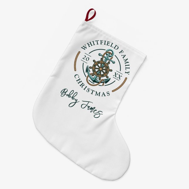 Personalised Nautical Family Christmas Holidays Large Christmas Stocking (Front (Hanging))