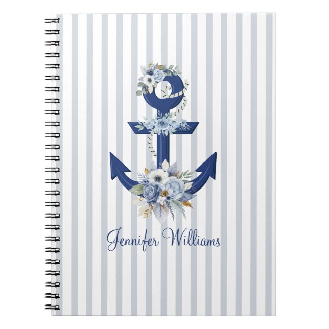 Personalised Nautical Floral Navy Stripes Notebook (Front)
