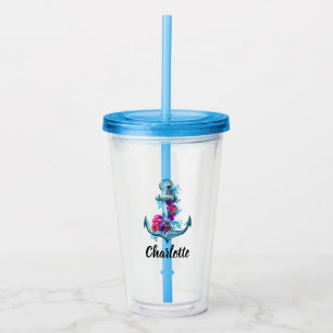 Personalised Nautical Floral Watercolor Anchor Acrylic Tumbler