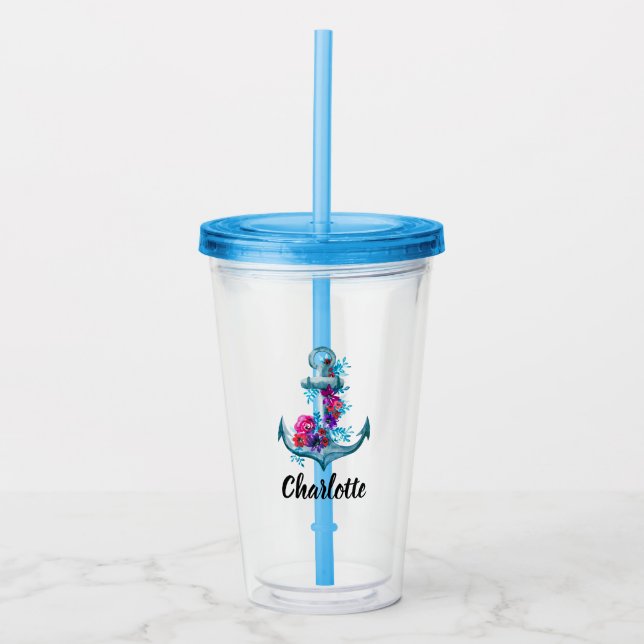 Personalised Nautical Floral Watercolor Anchor Acrylic Tumbler (Front)