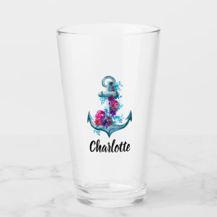Personalised Nautical Floral Watercolor Anchor Glass