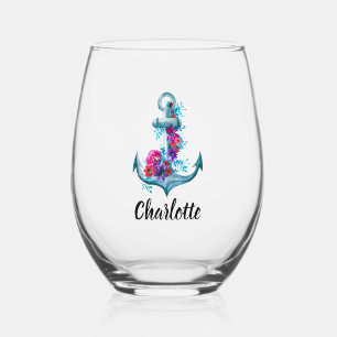 Personalised Nautical Floral Watercolor Anchor Stemless Wine Glass