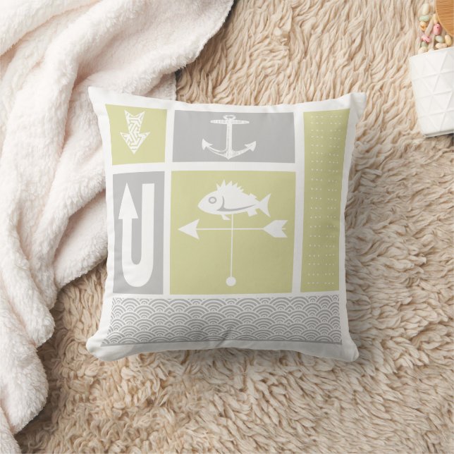 Personalised Nautical Grey Yellow Colour Block Cushion (Blanket)
