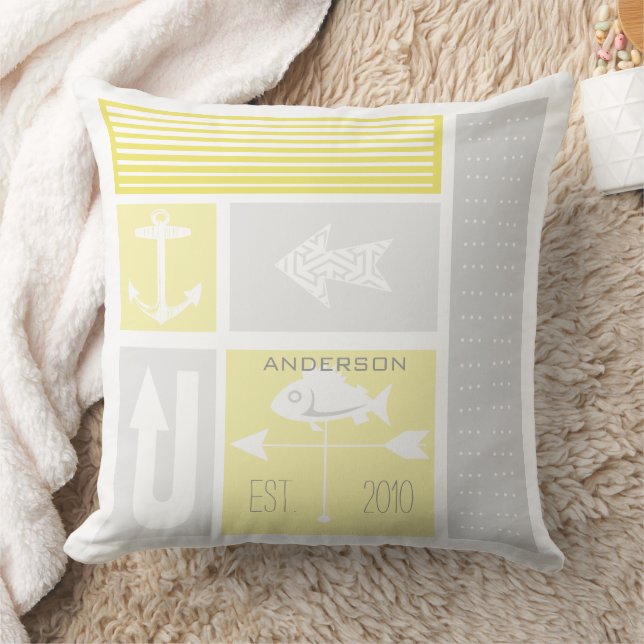 Personalised Nautical Grey Yellow Colour Block Cushion (Blanket)