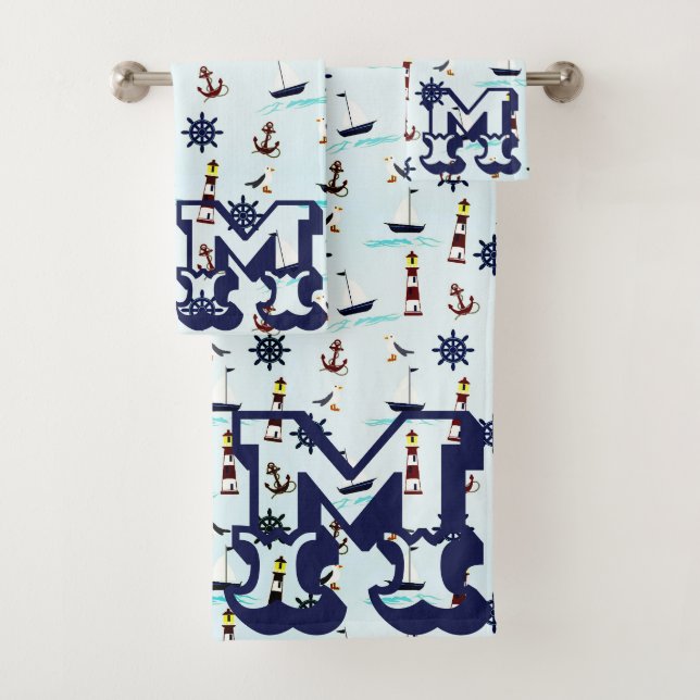 Personalised Nautical Lighthouse Sailboat Pattern Bath Towel Set (Insitu)