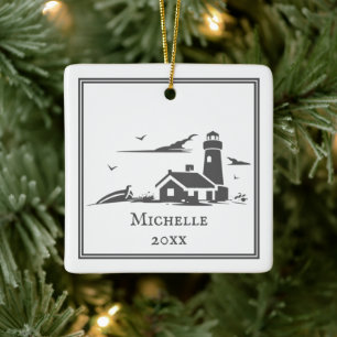 Personalised Nautical Lighthouse Seaside Christmas Ceramic Ornament