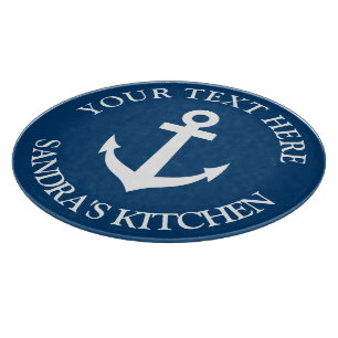 Personalised nautical navy blue boat anchor icon cutting board