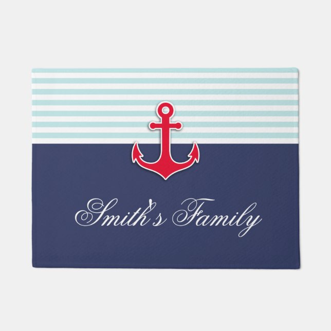 Personalised Nautical Navy Blue Design Family Name Doormat (Front)