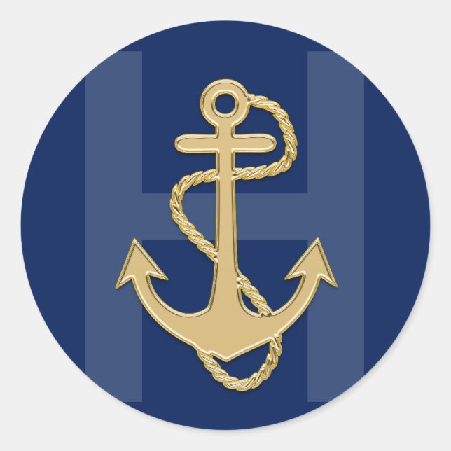 Personalised Nautical Navy Blue Gold MONOGRAM Classic Round Sticker (Front)