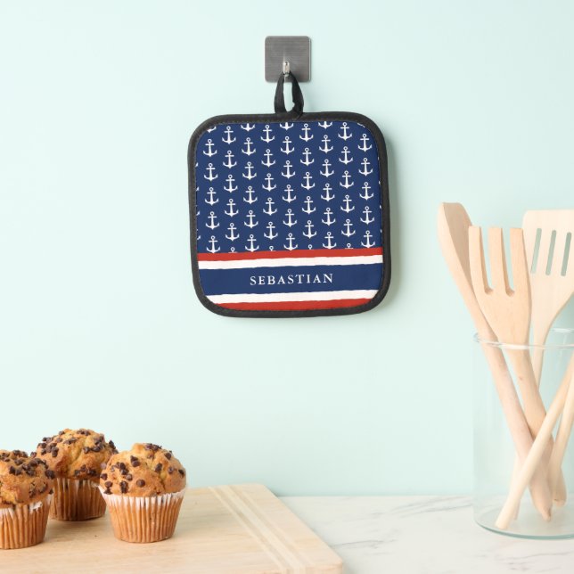 Personalised Nautical Navy Blue Red White Anchor Pot Holder (Insitu(Hanging))