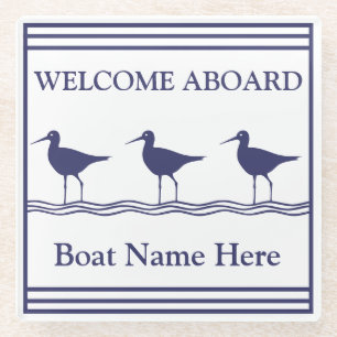 Personalised Nautical Navy Blue SEABIRDS Boat Name Glass Coaster