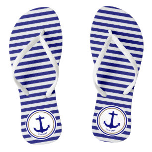 Personalised Nautical Navy Blue Stripes and Anchor Flip Flops