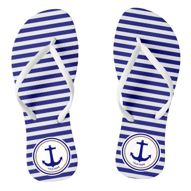 Personalised Nautical Navy Blue Stripes and Anchor Flip Flops (Footbed)