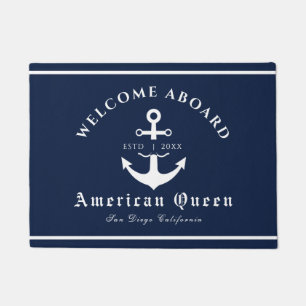 Personalised Nautical Navy Blue Welcome Aboard Doormat