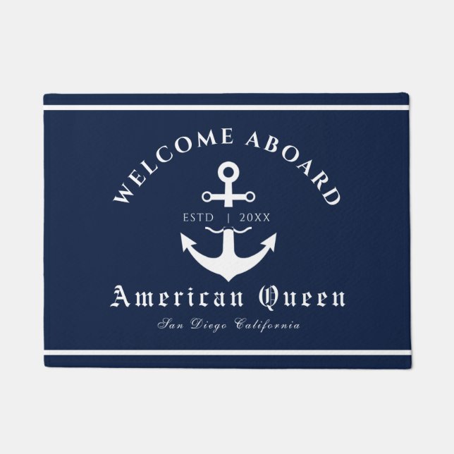 Personalised Nautical Navy Blue Welcome Aboard  Doormat (Front)