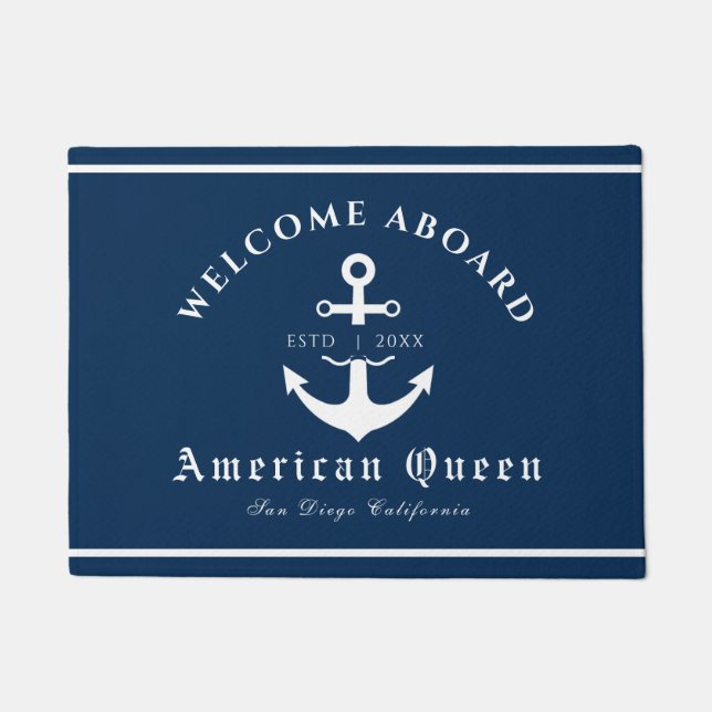 Personalised Nautical Navy Blue Welcome Aboard  Doormat (Front)