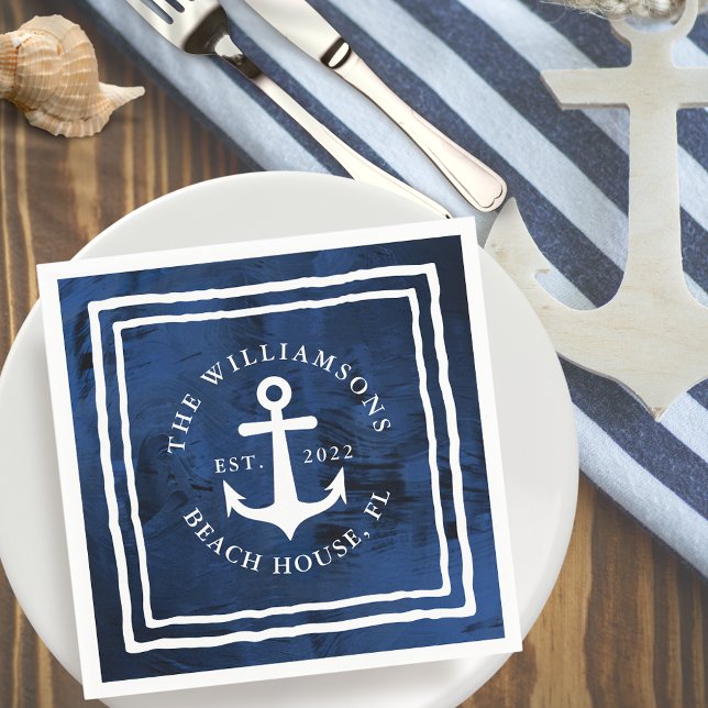 Personalised Nautical Navy Blue White Anchor Napkin (Creator Uploaded)