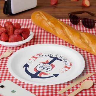 Personalised Nautical Navy Coral Wedding Anchor Paper Plate