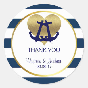 Personalised Nautical Navy Gold Heart Wedding Classic Round Sticker