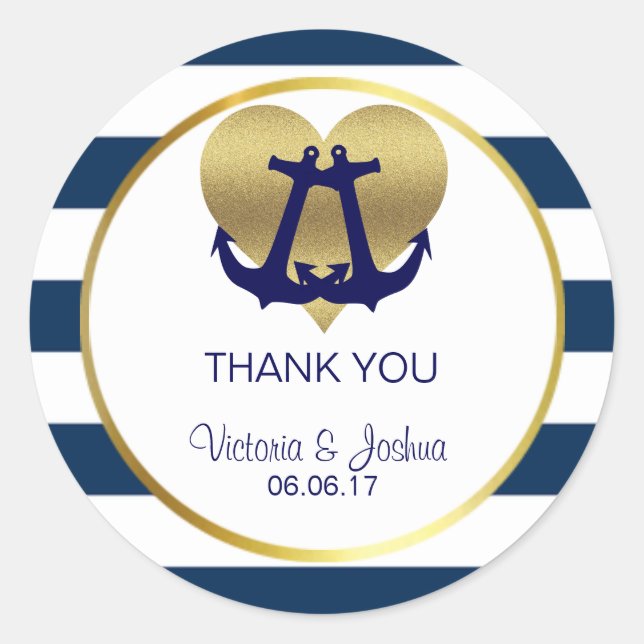 Personalised Nautical Navy Gold Heart Wedding Classic Round Sticker (Front)