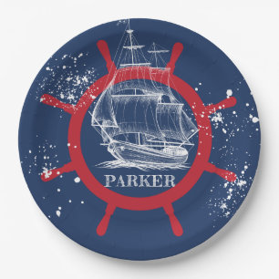 Personalised Nautical Party Sailboat Blue Paper Plate