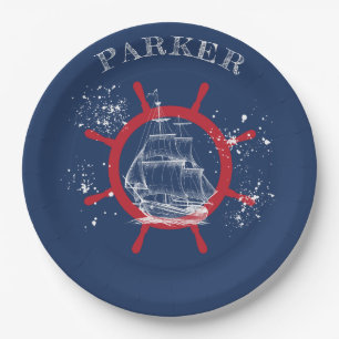Personalised Nautical Party Sailboat Blue Paper Plate
