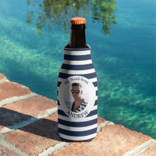 Personalised Nautical Photo Navy Stripe Bottle  Cooler
