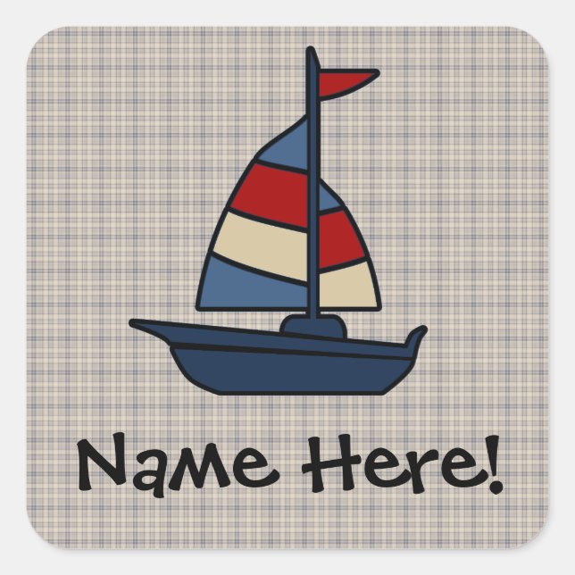 Personalised Nautical Sailboat Blue/Tan Boy's Square Sticker (Front)