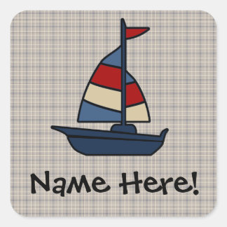 Personalised Nautical Sailboat Blue/Tan Boy's Square Sticker