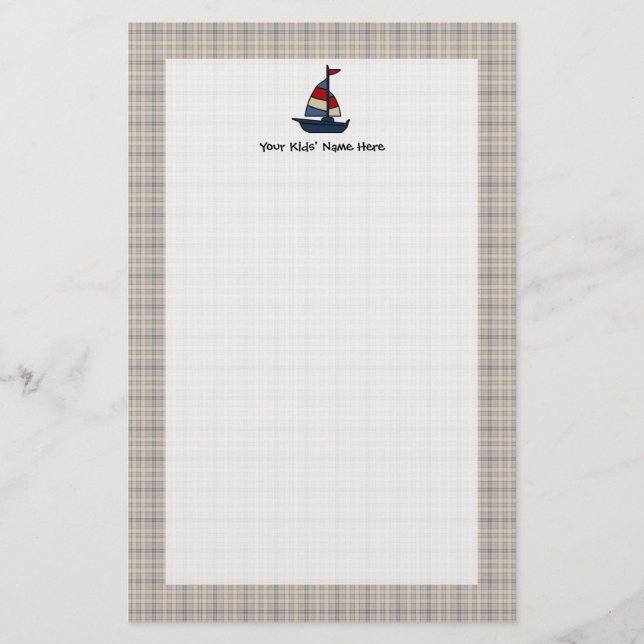 Personalised Nautical Sailboat Blue/Tan Boy's Stationery (Front)